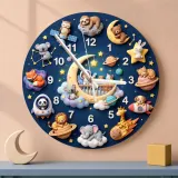 Space Animals & Planets Kids Room Wall Clock | Whimsical Night Sky Nursery Decor, Baby Shower And Birthday Present (13.6 inch / 34.5 cm)