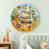 Safari Ice Cream Truck Kids Room Wall Clock | Jungle Animal Nursery Decor, Baby Boy Girl Birthday Gift (13.6 inch / 34.5 cm)
