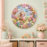 Whimsical Fairy Garden Kids Room Wall Clock | Pastel Floral Nursery Decor, Magical Little Girls Bedroom Decor Gift (13.6 inch / 34.5 cm)