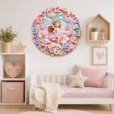 Magical Fairy Princess Kids Room Wall Clock | Enchanted Castle Floral Nursery Decor, Sweet Baby Girl Room Keepsake (13.6 inch / 34.5 cm)