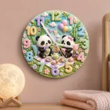 Whimsical Panda Tea Party Kids Room Wall Clock | Pastel Bamboo Nursery Decor, Baby Shower Birthday Keepsake Present (13.6 inch / 34.5 cm)