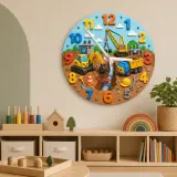 Construction Trucks Kids Room Wall Clock | Cute Excavator Boy Nursery Decor, Toddler Boy Playroom Birthday Keepsake (13.6 inch / 34.5 cm)