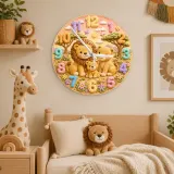 Pastel Safari Lion Family Kids Room Wall Clock | Cute Jungle Animal Nursery Decor, Perfect Baby Shower Gift Keepsake (13.6 inch / 34.5 cm)