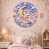 Sleeping Fairy Moon Kids Room Wall Clock | Magical Pastel Cloud Nursery Decor, Baby Girl Room Birthday Keepsake Gift (13.6 inch / 34.5 cm)