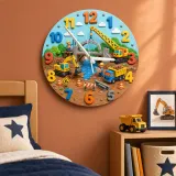 Construction Trucks Kids Room Wall Clock | Excavator Nursery Decor, Little Builder Boy Bedroom Playroom Art Keepsake (13.6 inch / 34.5 cm)