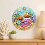 Clownfish Coral Reef Kids Room Wall Clock | Vibrant Underwater Ocean Nursery Decor, Baby Shower Gift For Boy Or Girl (13.6 inch / 34.5 cm)