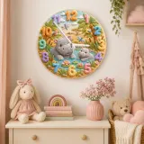 Safari Hippo Family Kids Room Wall Clock | Cute Jungle Animal Nursery Decor, Beautiful Baby Shower Gifts & Keepsakes (13.6 inch / 34.5 cm)