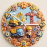 Construction Trucks Kids Room Wall Clock | Digger & Crane Nursery Decor, Little Builder Boy Birthday Gift Keepsake (13.6 inch / 34.5 cm)