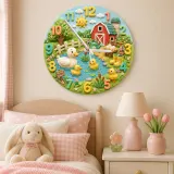 Cute Farmyard Duck Pond Kids Room Wall Clock | Whimsical Red Barn Nursery Decor, Baby Shower Gift For Boys Or Girls (13.6 inch / 34.5 cm)