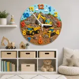 Construction Trucks Kids Room Wall Clock | Yellow Excavator Nursery Decor, Little Boy Bedroom Playroom Gift Keepsake (13.6 inch / 34.5 cm)