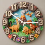 Dinosaur Volcano Kids Room Wall Clock | Prehistoric Jungle Nursery Decor, Little Boy Bedroom Birthday Gift Keepsake (13.6 inch / 34.5 cm)