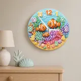 Clownfish Coral Reef Kids Room Wall Clock | Vibrant Underwater Ocean Nursery Decor, Baby Shower Gift For Boy Or Girl (13.6 inch / 34.5 cm)