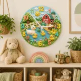 Cute Farmyard Duck Pond Kids Room Wall Clock | Whimsical Red Barn Nursery Decor, Baby Shower Gift For Boys Or Girls (13.6 inch / 34.5 cm)