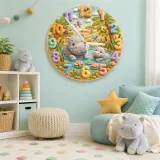 Safari Hippo Family Kids Room Wall Clock | Cute Jungle Animal Nursery Decor, Beautiful Baby Shower Gifts & Keepsakes (13.6 inch / 34.5 cm)