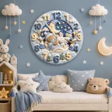 Sleepy Winter Bear & Bunny Kids Room Wall Clock | Blue Night Sky Nursery Decor, Sweet Baby Boy Shower Gift Keepsake (13.6 inch / 34.5 cm)