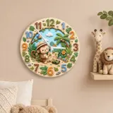 Safari Monkey Explorer Kids Room Wall Clock | Jungle Adventure Nursery Decor, Baby Shower Gift, Little Boy Keepsake (13.6 inch / 34.5 cm)