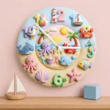 Pastel Ocean Animals Kids Room Wall Clock | Under The Sea Nursery Decor, Beach Theme Baby Shower Gift For Boy Girl (13.6 inch / 34.5 cm)