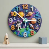 Outer Space Astronaut Kids Room Wall Clock | Cute Planets Baby Boy Nursery Decor, Toddler Bedroom Birthday Keepsake (13.6 inch / 34.5 cm)
