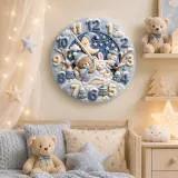 Sleepy Winter Bear & Bunny Kids Room Wall Clock | Blue Night Sky Nursery Decor, Sweet Baby Boy Shower Gift Keepsake (13.6 inch / 34.5 cm)