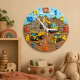 Construction Trucks Kids Room Wall Clock | Yellow Excavator Nursery Decor, Little Boy Bedroom Playroom Gift Keepsake (13.6 inch / 34.5 cm)