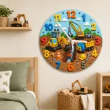 Construction Trucks Kids Room Wall Clock | Cute Excavator Boy Nursery Decor, Toddler Boy Playroom Birthday Keepsake (13.6 inch / 34.5 cm)