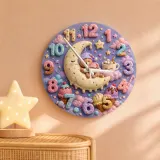 Pastel Sweet Dreams Bear Kids Room Wall Clock | Moon And Stars Whimsical Nursery Decor, Cute Baby Girl Shower Gift (13.6 inch / 34.5 cm)