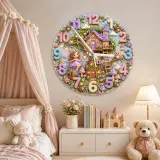 Enchanted Fairy Treehouse Kids Room Wall Clock | Magical Woodland Nursery Decor, Little Girl Birthday Keepsake Gift (13.6 inch / 34.5 cm)