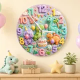 Reloj de pared infantil de fiesta de cumpleaños con dinosaurios en tonos pastel | Dulce decoración de guardería con dinosaurios, regalo de recuerdo para el cuarto de un niño pequeño (34.5 cm)