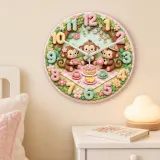 Monkey Tea Party Picnic Kids Room Wall Clock | Pastel Floral Nursery Decor, Sweet Baby Girl Shower And Birthday Gift (13.6 inch / 34.5 cm)