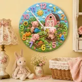 Playful Farm Pigs Kids Room Wall Clock | Barnyard Animal Nursery Decor, Baby Shower Or Birthday Gift For Boy Or Girl (13.6 inch / 34.5 cm)