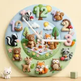 Woodland Animal Picnic Kids Room Wall Clock | Faux Felt Forest Nursery Decor, Baby Shower Gift For Baby Boys & Girls (13.6 inch / 34.5 cm)