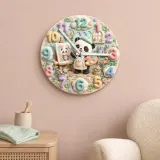 Little Painter Panda Kids Room Wall Clock | Pastel Floral Nursery Decor, Baby Girl Bedroom Birthday Gift Keepsake (13.6 inch / 34.5 cm)