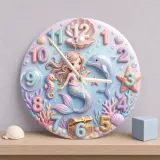 Pastel Mermaid And Dolphin Kids Room Wall Clock | Magical Ocean Nursery Decor Art, Little Girl Bedroom Birthday Gift (13.6 inch / 34.5 cm)