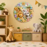 Safari Jungle Animals Kids Room Wall Clock | Cute Lion Elephant Nursery Decor, Playroom Baby Shower Boy Girl Gift (13.6 inch / 34.5 cm)
