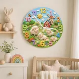 Farm Animal Sheep Kids Room Wall Clock | Whimsical Barnyard Nursery Decor, Baby Shower Gift For Boy Or Girl Room Art (13.6 inch / 34.5 cm)