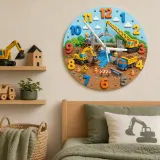 Construction Trucks Kids Room Wall Clock | Excavator Nursery Decor, Little Builder Boy Bedroom Playroom Art Keepsake (13.6 inch / 34.5 cm)