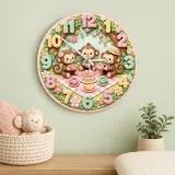 Monkey Tea Party Picnic Kids Room Wall Clock | Pastel Floral Nursery Decor, Sweet Baby Girl Shower And Birthday Gift (13.6 inch / 34.5 cm)