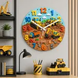 Construction Vehicles Kids Room Wall Clock | Playful Boys Bedroom Nursery Decor, Little Builder Birthday Gift Idea (13.6 inch / 34.5 cm)