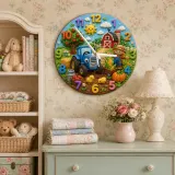 Blue Tractor Farm Kids Room Wall Clock | Barnyard Scarecrow Nursery Art Decor, Little Boy Birthday Baby Shower Gift (13.6 inch / 34.5 cm)
