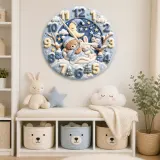 Sleepy Winter Bear & Bunny Kids Room Wall Clock | Blue Night Sky Nursery Decor, Sweet Baby Boy Shower Gift Keepsake (13.6 inch / 34.5 cm)
