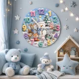 Winter Snowman & Woodland Animals Kids Room Wall Clock | Pastel Nursery Decor, Sweet Baby Shower Gift For Little Ones (13.6 inch / 34.5 cm)