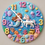 Mermaid & Sea Unicorn Kids Room Wall Clock | Magical Underwater Ocean Nursery Wall Decor, Little Girl Bedroom Gift (13.6 inch / 34.5 cm)
