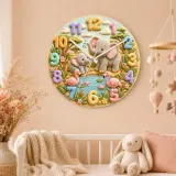 Safari Elephant & Flamingo Kids Room Wall Clock | Pastel Jungle Animal Nursery Decor, Beautiful Baby Shower Keepsake (13.6 inch / 34.5 cm)