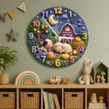 Sleeping Farm Animals Kids Room Wall Clock | Nighttime Nursery Decor, Sweet Dreams Baby Shower Gift For Boys Girls (13.6 inch / 34.5 cm)