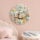 Little Painter Panda Kids Room Wall Clock | Pastel Floral Nursery Decor, Baby Girl Bedroom Birthday Gift Keepsake (13.6 inch / 34.5 cm)