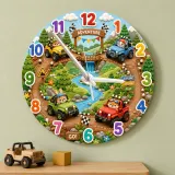 Reloj de pared de madera de aventura animal todoterreno para habitación infantil | Decoración de guardería safari en el bosque, regalo de cumpleaños para niño (34.5 cm)