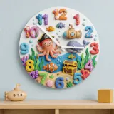 Pirate Octopus Ocean Kids Room Wall Clock | Under The Sea Nursery Decor, Marine Life Theme Baby Boy Birthday Gift (13.6 inch / 34.5 cm)