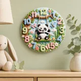 Whimsical Panda on Swing Kids Room Wall Clock | Cute Pastel Woodland Nursery Decor, Baby Shower Gift for Boys & Girls (13.6 inch / 34.5 cm)