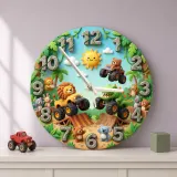 Safari Animal Monster Truck Kids Room Wall Clock | Dinosaur Boy Nursery Decor, Fun Toddler Playroom Birthday Gift Idea (13.6 inch / 34.5 cm)