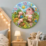 Playful Farm Pigs Kids Room Wall Clock | Barnyard Animal Nursery Decor, Baby Shower Or Birthday Gift For Boy Or Girl (13.6 inch / 34.5 cm)